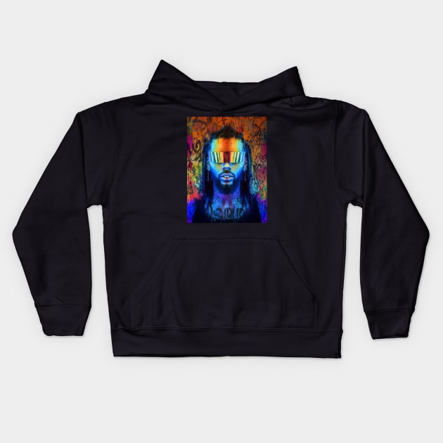 Cyberdude // Man in futuristic glasses by neon light. Stylization as a portrait in oil painted. Graffiti style x spray drip Kids Hoodie by MSGCNS